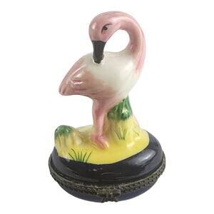 Vintage Pink Flamingo Hinged Trinket Box Cobalt Blue Base Keepsakes/ Pills 3"